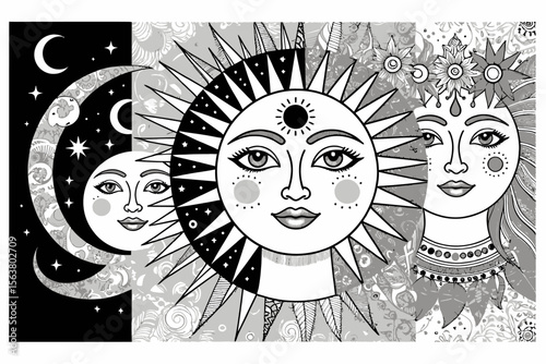 Celestial Goddesses - Moon Sun and Flower Maiden - Detailed Coloring Page Inspiration - Mystical Black and White Art Line Drawing