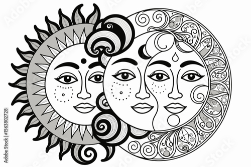 Celestial Harmony Coloring Page- Sun Moon Faces Art Therapy- Printable Mandala Design- Stress Relief Art- Spiritual Coloring Book- Whimsical Sun and Moon Illustration