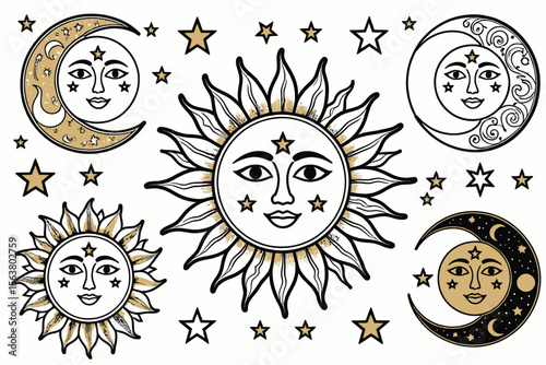 Celestial Harmony Sun Moon and Stars Mystical Design-Boho Astrology Illustration-Cosmic Alignment Art Print-Whimsical Spiritual Decor-Zodiac Inspired Gift