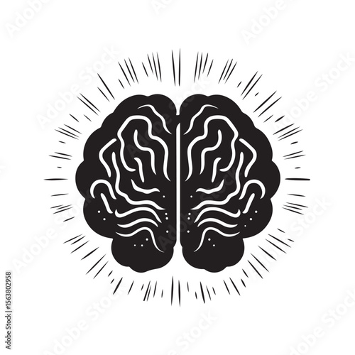 Abstract black and white human brain illustration with radiating lines, symbolizing ideas, intelligence, or thought process. Vector graphic design element.