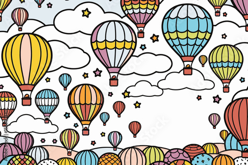 Colorful Hot Air Balloons- Sky Scene with Clouds & Stars- Whimsical Illustration for Kids- Playful Balloon Pattern- Travel & Adventure Theme- Cute Cartoon Artwork