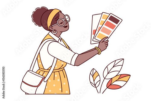 A stylish woman with glasses and a headband holds color swatches considering design choices next to decorative leaves