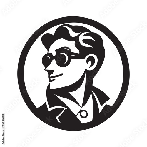 Stylish graphic illustration of a cool man wearing sunglasses in a black and white circle.