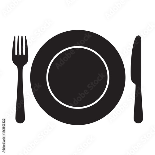 Simple black silhouette of a plate with fork and knife for dining