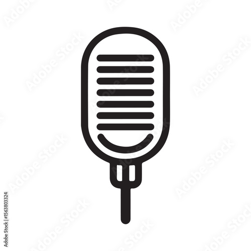 Simple black and white line art illustration of a vintage style microphone, a minimalist vector icon for audio, music, or podcasting concepts.