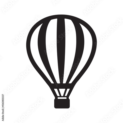 Black and white hot air balloon vector icon or illustration, a simple graphic design element representing travel or adventure.