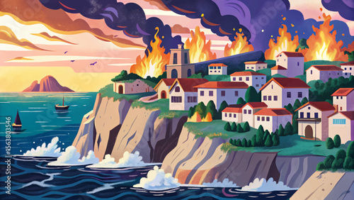 cliffside village engulfed in flames, overlooking a stormy ocean with crashing waves cartoon vector depicting a powerful clash of natural fury and human tragedy