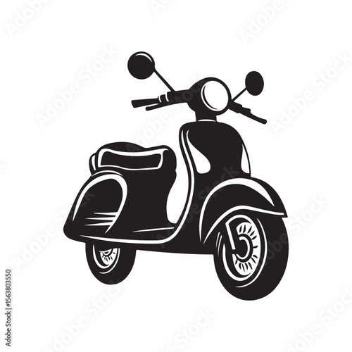 Black and white vector illustration of a classic retro scooter or moped in a clean silhouette style on a white background.