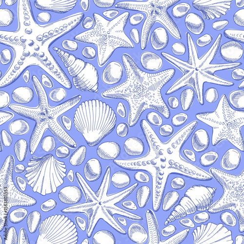 Seamless pattern with seashells, starfish and pebbles. Marine pattern with white sea animals on blue background. Cute ocean background. Sketch Hand drawn illustration. Vector