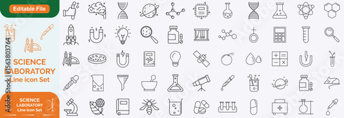 Laboratory and Science line editable icon set. Containing experiment, test tube, microscope, flask, chemical, biology, research, lab and more. Editable stroke. Vector illustration