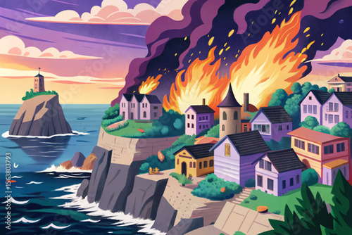 cliffside village engulfed in flames, overlooking a stormy ocean with crashing waves cartoon vector depicting a powerful clash of natural fury and human tragedy