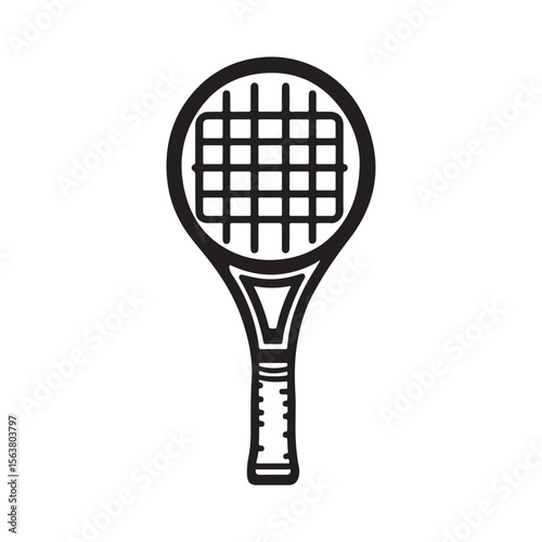 Black and white vector illustration of a tennis racket icon, isolated on a white background, representing sports and leisure.