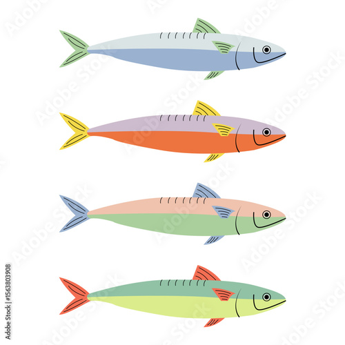 Hand drawn colorful sardine illustrations. Flat sardine clipart design for kitchen, cooking, packaging, and seafood market designs.sardine5