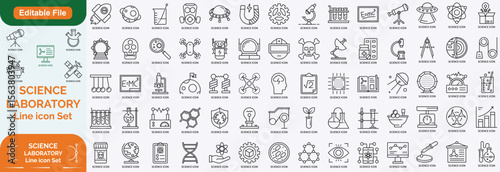 Laboratory and Science line editable icon set. Containing experiment, test tube, microscope, flask, chemical, biology, research, lab and more. Editable stroke. Vector illustration