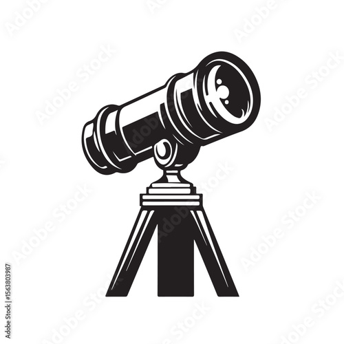 Classic vintage telescope on a tripod, black and white vector illustration for astronomy, science, and exploration concepts.