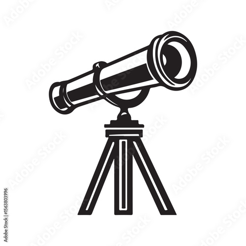 Classic black and white vector illustration of a vintage telescope on a tripod, perfect for science or astronomy concepts.