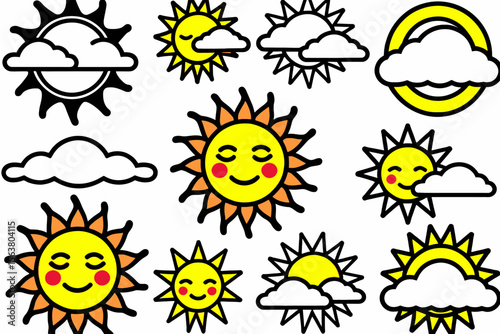 Cute Sun and Cloud Icons Vector Set - Cheerful Weather Cliparts for Kids - Sunshine with Smiling Faces - Summer and Weather Illustrations for Design