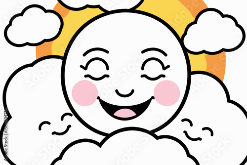 Cute Sun and Clouds Cartoon Illustration- Smiling Sun Character with Pink Cheeks- Whimsical Weather Art for Kids- Happy Sun Design for Children's Decor