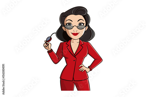 Stylish cartoon woman in a red suit and sunglasses confidently posing with one hand on her hip