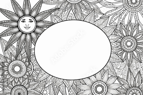 Detailed Floral Art with Sun Faces-Chinese Characters in Center-Unique Coloring Page Design-Intricate Line Art-Black and White Illustration-Relaxing Art Therapy