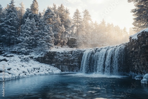 Tranquil waterfall flows amid a snow-covered forest at dawn