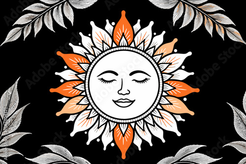 Dreamy Sun Art Illustration- Boho Style Sun Design with Floral Elements- Celestial Art Print on Black Background- White and Orange Sun Graphics