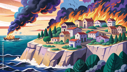 cliffside village engulfed in flames, overlooking a stormy ocean with crashing waves cartoon vector depicting a powerful clash of natural fury and human tragedy