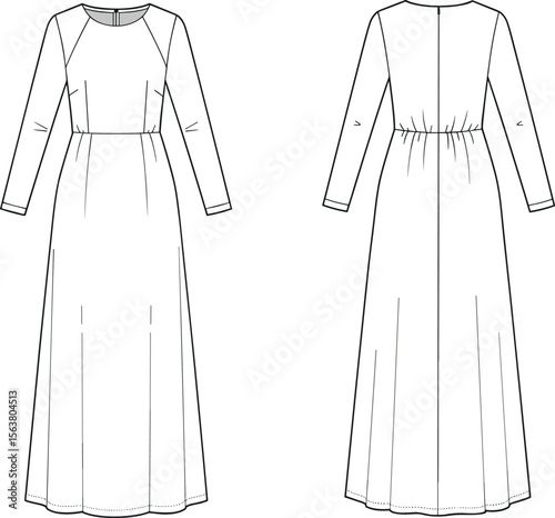 Long-sleeved fitted dress technical sketch, round neckline, waist darts, gathered back seam, full-length A-line skirt, fashion illustration template, garment design layout