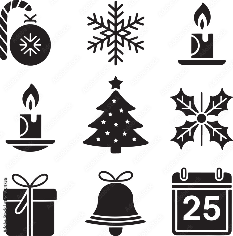 Obraz premium Festive Christmas Icons Displaying Traditional Holiday Symbols and Decorations, including a Christmas Tree, Bell, Calendar and Candy Cane