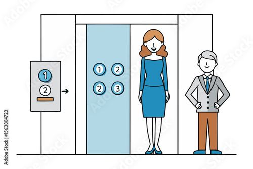 Business professionals waiting for an elevator with floor selection buttons visible on the elevator panel and doors
