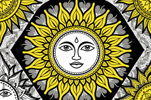 Golden Sun Mandala Art-Intricate Sunflower Design with a Human Face-Spiritual Wall Decor and Meditative Art Prints-Bohemian Home Accents