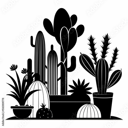 Collection of Black Silhouettes of Various Cacti and Succulents in Pots