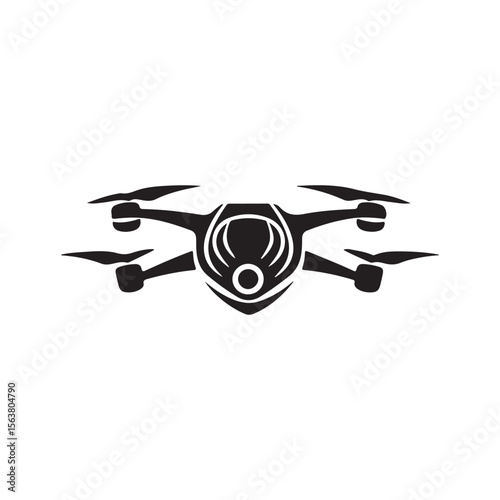 Black and white vector illustration of a modern drone, featuring its camera and propellers, ideal as a technology icon or logo design element.