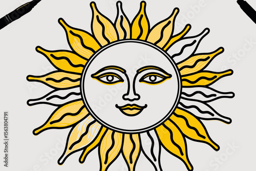 Hand-Drawn Sun with a Face-Detailed Sun Illustration-Colorful Sun Art-Modern Sun Design-Creative Sun Image-Sun Drawing with a Unique Style-Yellow and Orange Sun Art