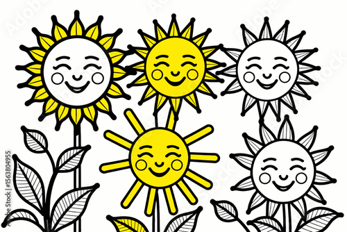 Happy Sunflowers Illustration-Cute Flower Characters with Smiling Faces-Bright and Cheerful Floral Design-Perfect for Kids Activities-Coloring Page Fun-Nature Inspired Art