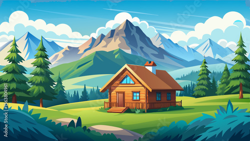 Wooden Cabin in Mountain Valley Landscape Illustration