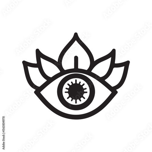 Mystical eye with lotus petals, a spiritual vector illustration in black and white, ideal as a design element.