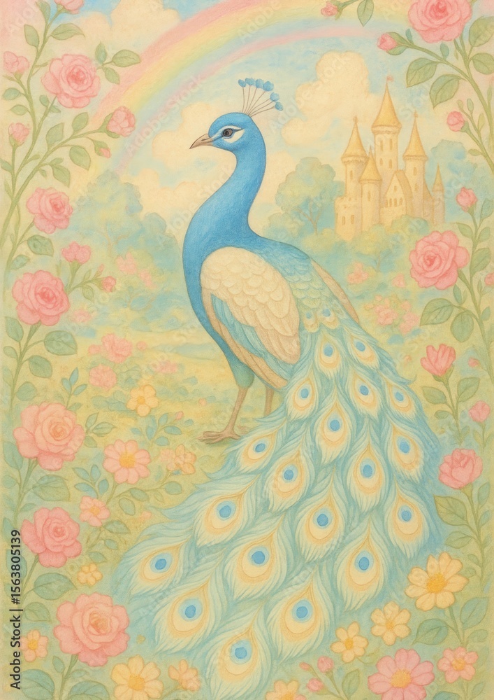 Obraz premium Elegant peacock amidst floral paradise.
