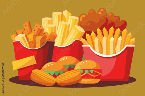 Fast Food Feast French Fries Burgers Chicken Nuggets