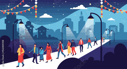People walking on a street illuminated by streetlights under a festive night sky with colorful flags