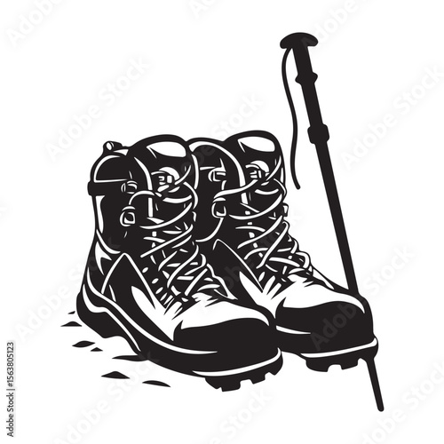 Black and white vector illustration of a pair of hiking boots with a trekking pole, symbolizing outdoor adventure and sports.