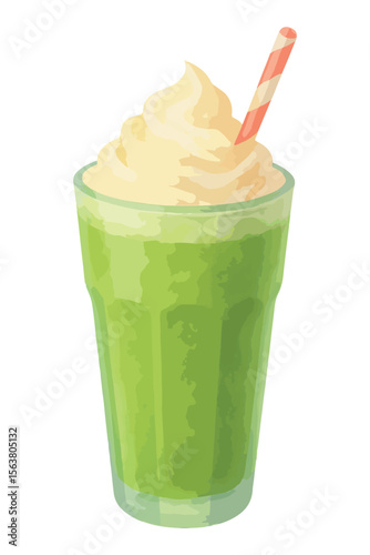 Matcha frappe with whipped cream in watercolor style. Vector isolated on white background. 