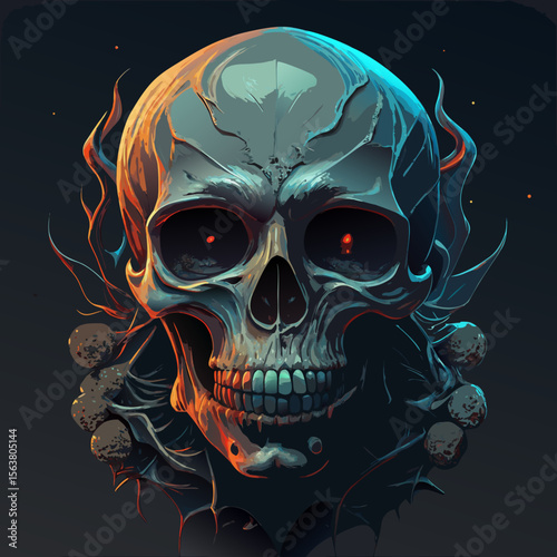 Glowing Evil Skull with Dark Fantasy Flames and Mysterious Objects