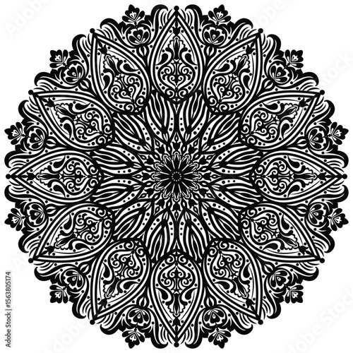 Decorative pattern in oriental style. Black complex doodle mandala on a transparent background, for printable coloring book.   