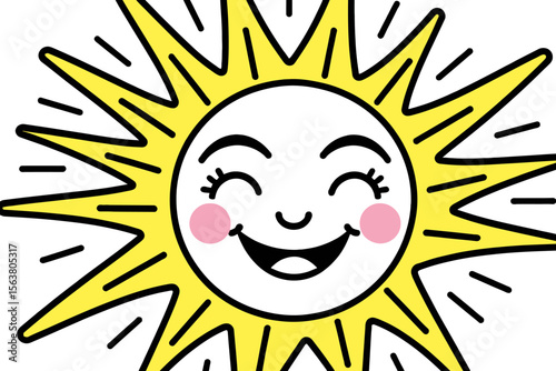 Smiling Cartoon Sun Illustration- Cute and Cheerful Sun Character with Pink Cheeks- Bright Yellow Sun with Happy Face for Kids and Summer Themes