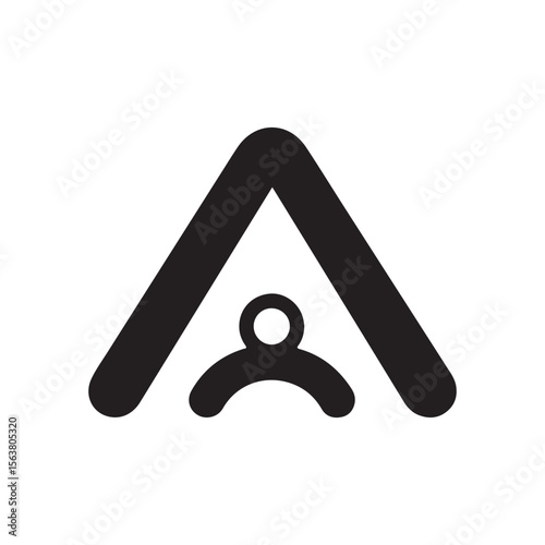 Minimalist black and white vector illustration of an abstract letter A with a human figure inside, symbolic of shelter or home.