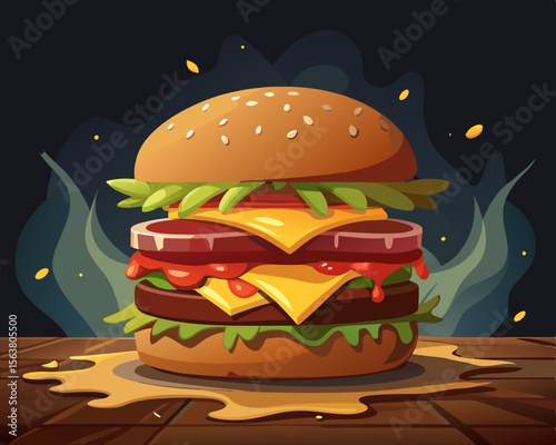 Juicy Double Cheeseburger with Melted Cheese and Sauce on Wooden Table