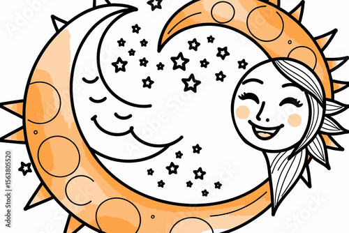 Smiling Sun and Moon Illustration with Stars-Whimsical Celestial Art-Cute Cartoon Sun and Moon Face-Unique Artwork for Kids-Orange and Black Line Drawing