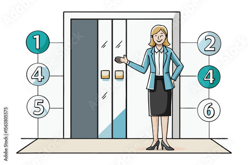 Friendly businesswoman welcoming guests to an elevator with numbered floor indicators for easy navigation and access