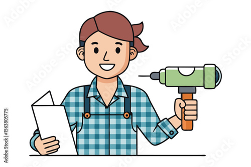 A cheerful cartoon person in blue plaid overalls holds a drill and a booklet ready for diy projects and home improvement tasks